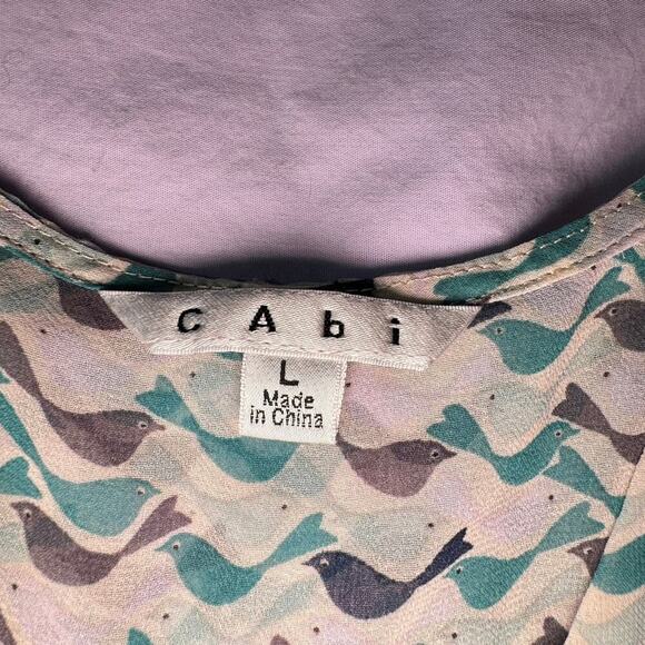 CAbi Women's Size Large Blouse Tweet Birds Faux Wrap Sheer Blue Teal Style #342 - Picture 4 of 9